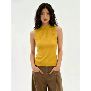 美式复古黄色半高领针织吊带背心女夏季独特气质修身外穿无袖上衣