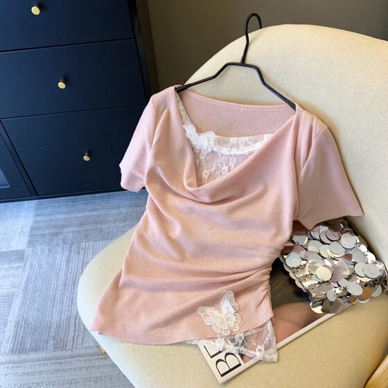 Real Shot ~ Lace Swing Collar Short-sleeved T-shirt Women's Summer 2025 Fake Two-piece Irregular T-shirt French Style