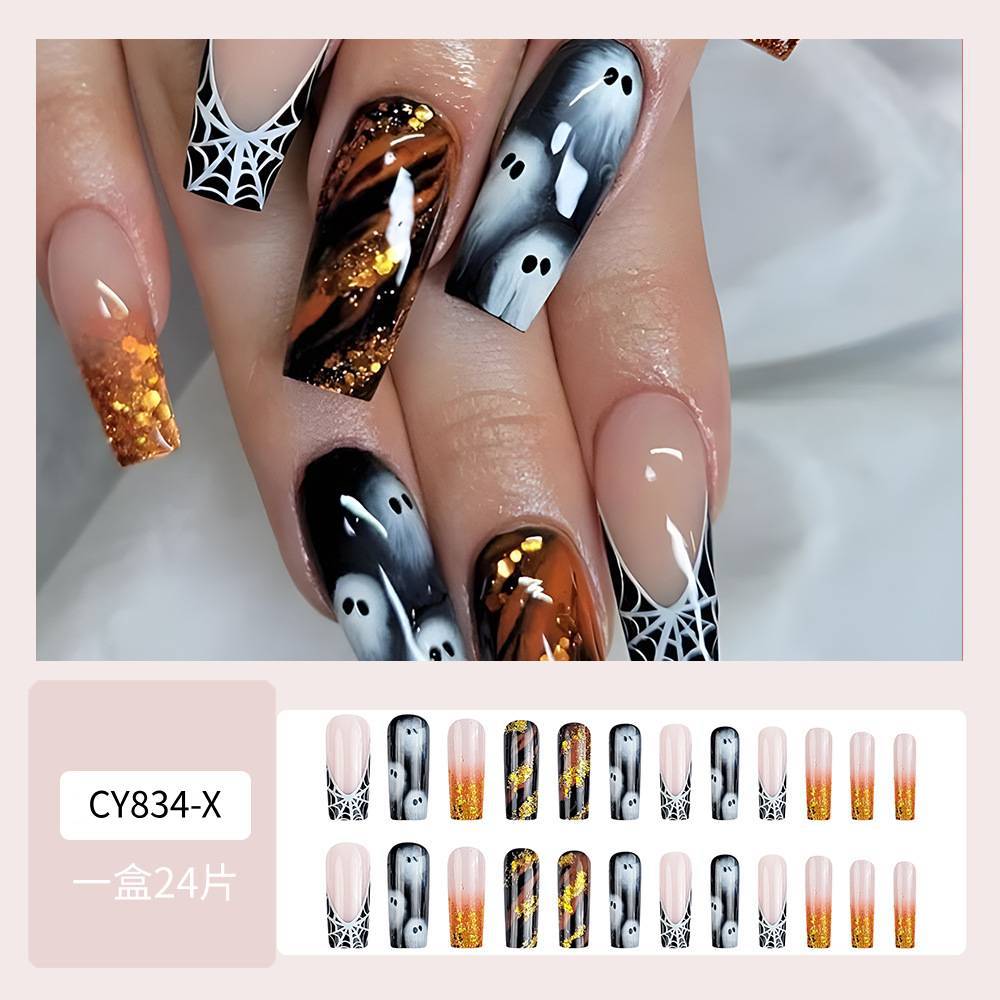 Telaraña de araña gradiente manicura, chicas calientes, polvo brillante, uñas falsas, productos al por mayor, fantasmas de Halloween, extraños, uñas