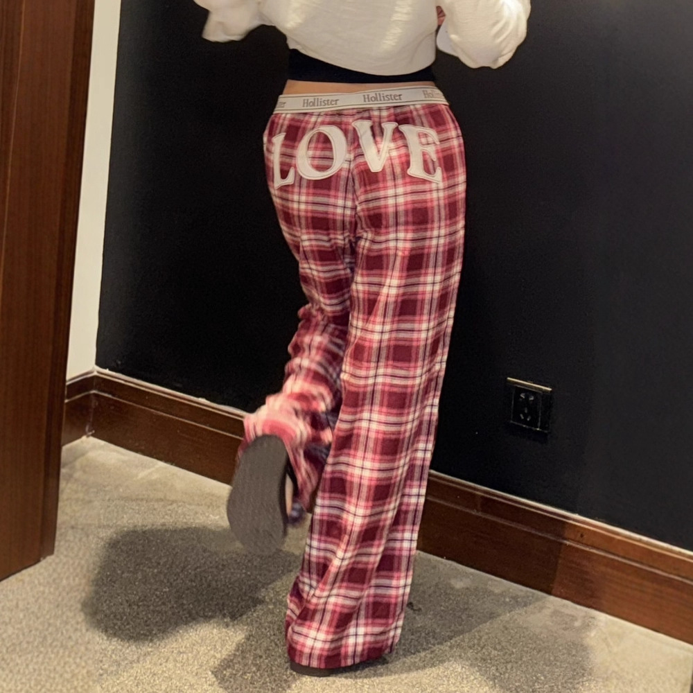American Retro Hco Little Seagull Valentine's Day Limited Plaid Letter Cuffed Webbing Casual Trousers Plaid Pants for Women