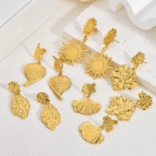 欧美金色银杏叶不锈钢耳环轻奢高级夸张耳饰设计小众吊坠褶皱树叶