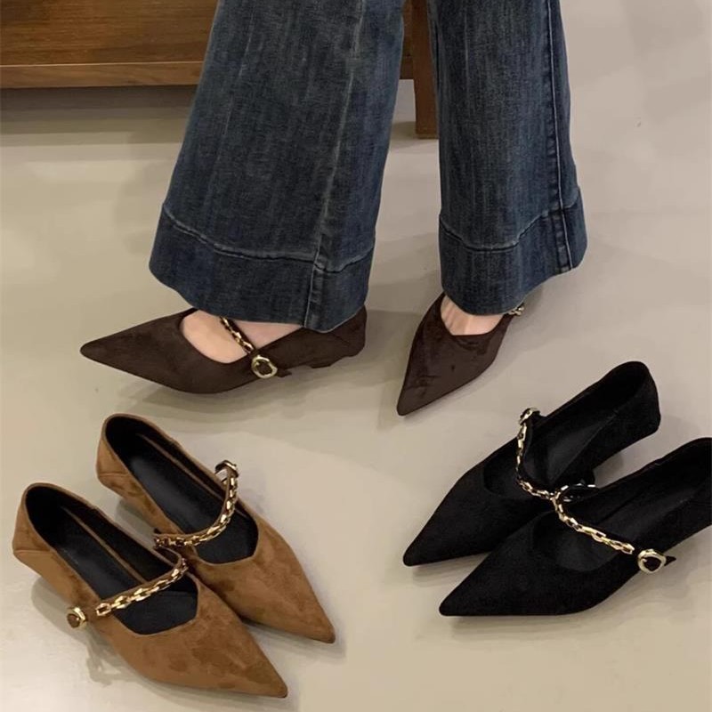 Cadena de nicho retro con boca superficial, zapatos de terciopelo de Mary Jane, zapatos de tacones bajos de noche para mujeres