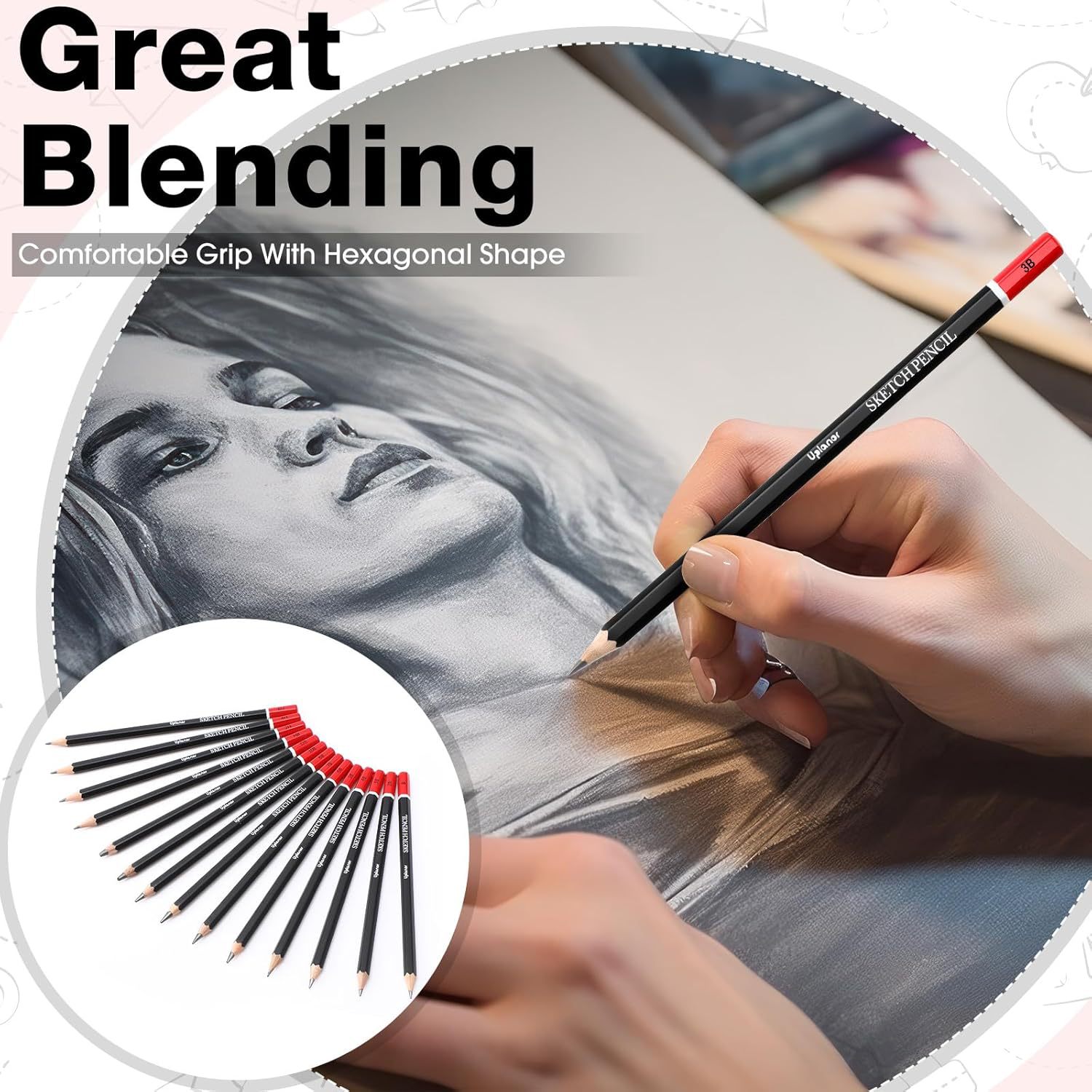 14 Set de lápiz de dibujo (12B-6H) Lápiz de carbón de grafito profesional a granel con goma de borrar Sacapuntas