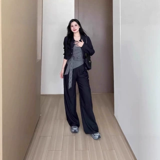 大码女装法式格纹吊带短款外套秋季胖mm阔腿裤时尚减龄显瘦三件套
