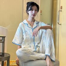 工厂批发休闲睡衣女春秋云朵棉翻领短袖长裤两件套装家居可外穿