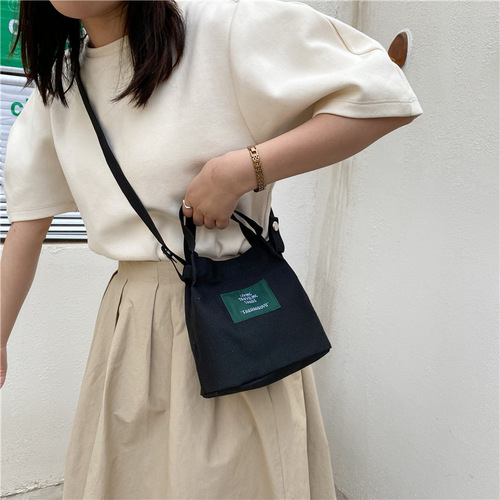 Women's New Korean Style Minimalist Literary Girl Canvas Bag Fresh Solid Color Fashion Bucket Bag Trendy Casual Crossbody Bag