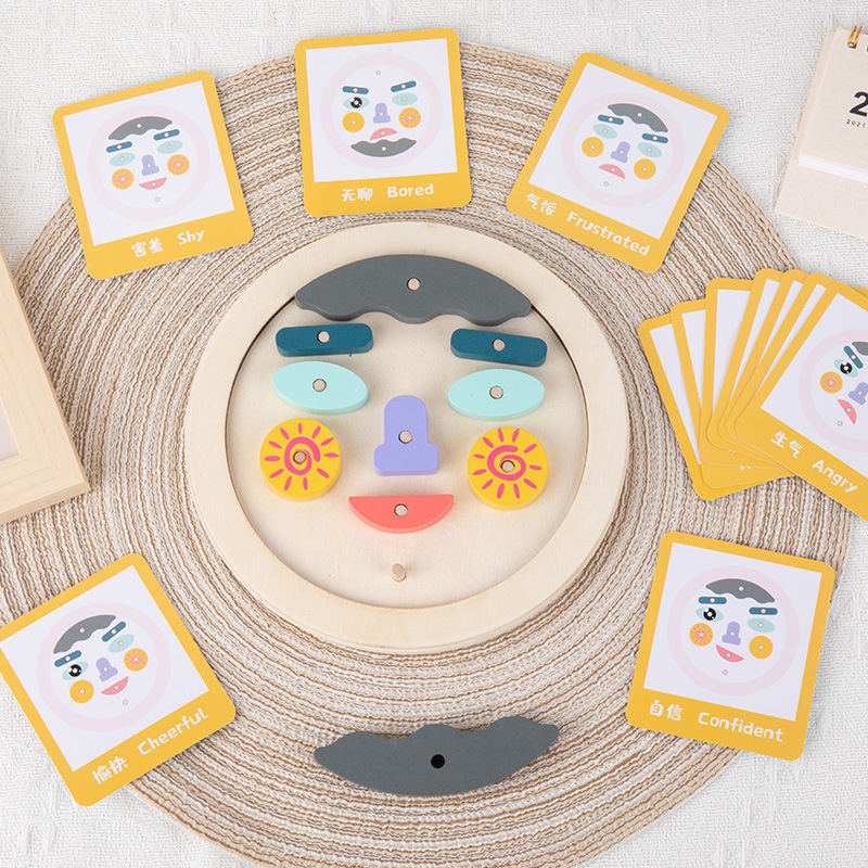 Juego de cambio de rostro al por mayor, rompecabezas para niños, educación temprana, bloques de construcción de madera, juguetes, expresiones faciales, reconocimiento, Pinpinle de madera