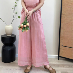 2025春夏新作文芸範レトロ純色ズボン女性シンプル二重ネット版カジュアルラミー麻長ズボン
