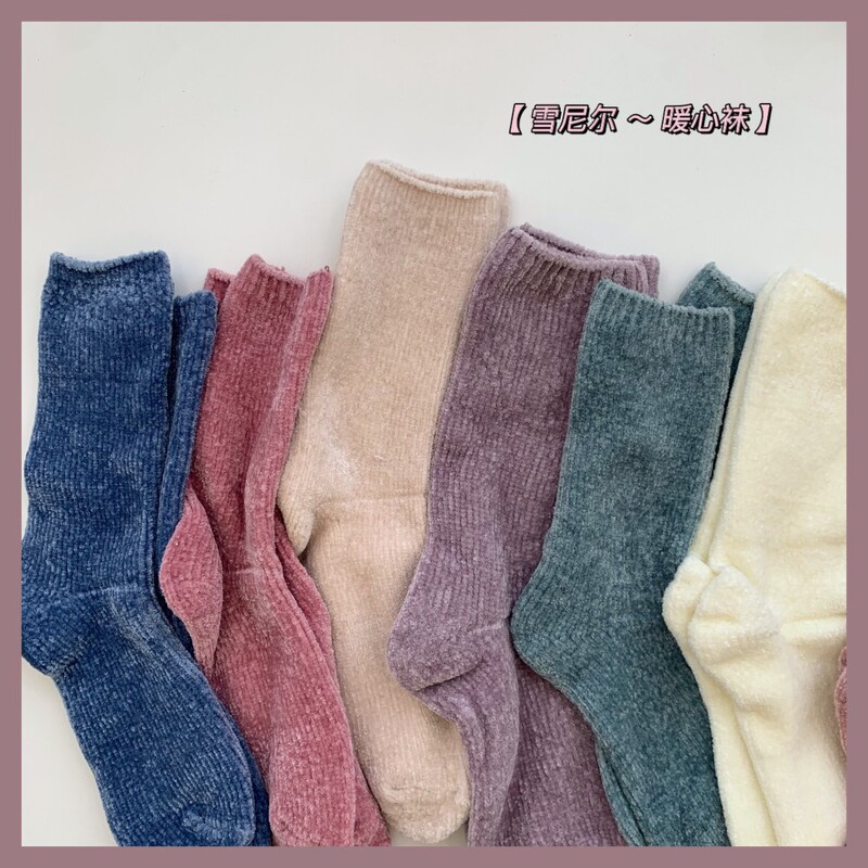 New Autumn/Winter Chenille Vertical Stripe Thickened Fleece-Lined Warm Socks Japanese Style Comfortable Home Floor Women's Socks