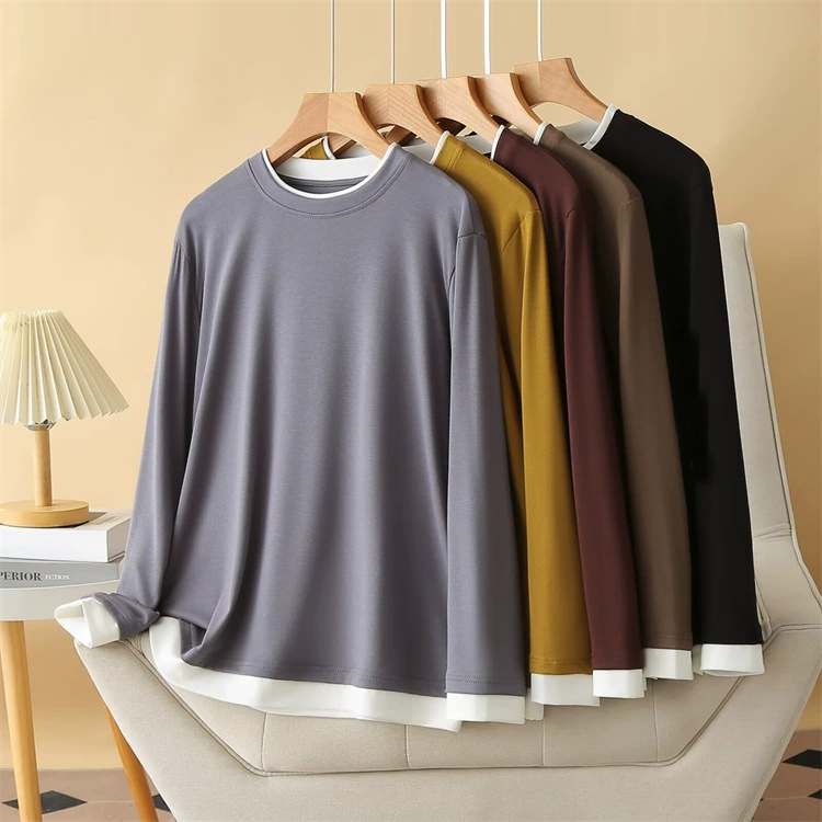 2024 осенний новый топ большого размера толстый MM повседневный дикий сшитый поддельный два куска с круглым вырезом с длинным рукавом T дна 8003