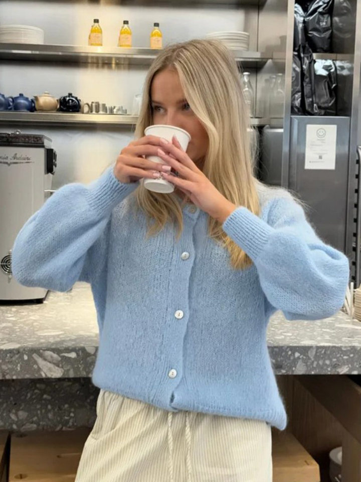 Áo cardigan len dệt kim dáng mỏng nhẹ cài nút một hàng, tay dài cổ tròn nữ — hoa hồng đỏ, màu be, màu cam, màu hoa cà chi tiết 110