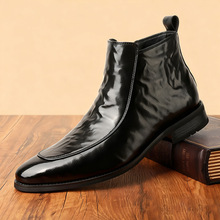 男士切尔西靴复古休闲英伦尖头拉链高帮皮靴冬季加绒保暖男皮鞋