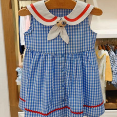 2024新款夏季pw小熊童裝女童可愛海軍連衣裙海軍風印花連衣裙可愛