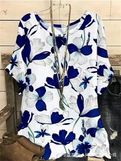 亚马逊跨境货源T恤衫女式衬衫图案短袖休闲假日基本圆领定期夏季