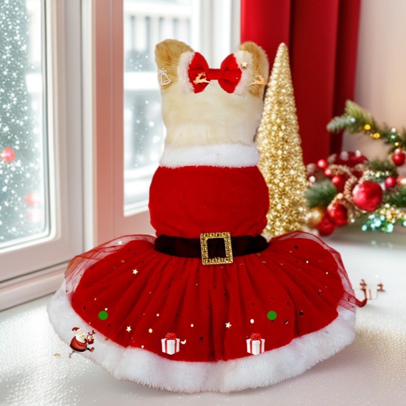 Ropa para mascotas Navidad tela de terciopelo dorado Santa Claus vestido rojo falda malla con anillo pelo