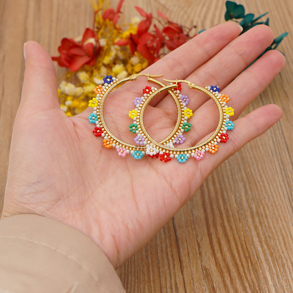 Miyuki Rice Beads Hand-woven Colorful Daisy Beaded Stainless Steel Large Circle Exaggerated Earrings display picture 2