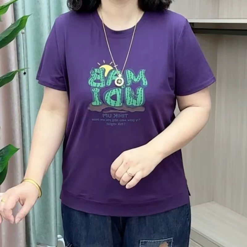 Летняя футболка больших размеров с короткими рукавами, женская мода, свободный топ с круглым вырезом и принтом, скрывающий живот, утягивающий топ среднего возраста