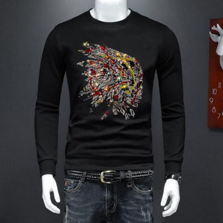 Indian American Spirit Guy Ready-Made Large Size Sweatshirt Trendy Autum Sweatshirt Men's Hot Diamond Sweatshirt Cotton Black Skull