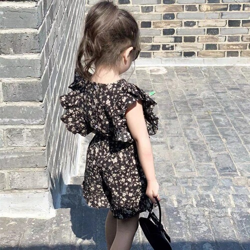 Korean Children's Set for Girls 2024 Summer Fashion Black Floral Short Sleeve Blouse and Shorts Two-Piece Set