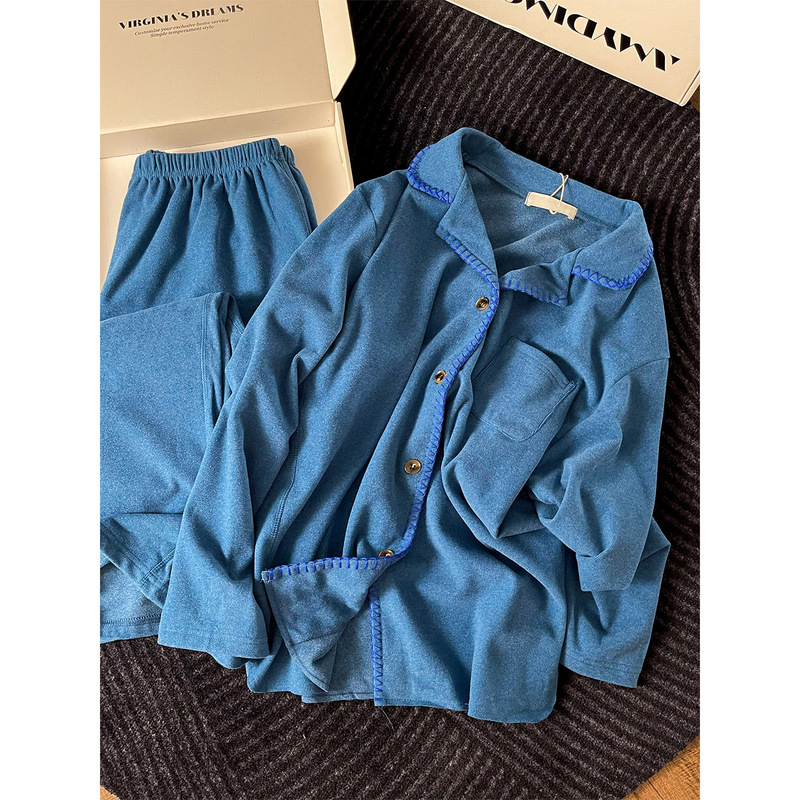 韩版简约蓝色德绒长袖睡衣女秋季2025新款双面磨毛情侣家居服套装|undefined