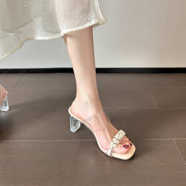 现货】真皮踩屎感凉拖鞋女夏新款透明高跟33小码水晶跟一字带凉鞋