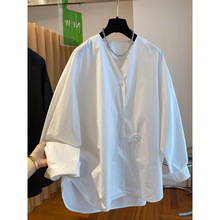 慵懒风V领衬衫女2025新款宽松欧货洋气大版中长款遮屁股胖MM上衣