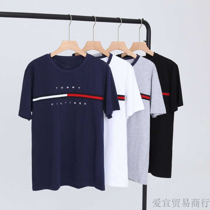 Tommy トミー サマー メンズ ラウンドネック レター Tシャツ 半袖 スリム 刺繍 トップス カジュアル 万能 スポーツ コットン|undefined