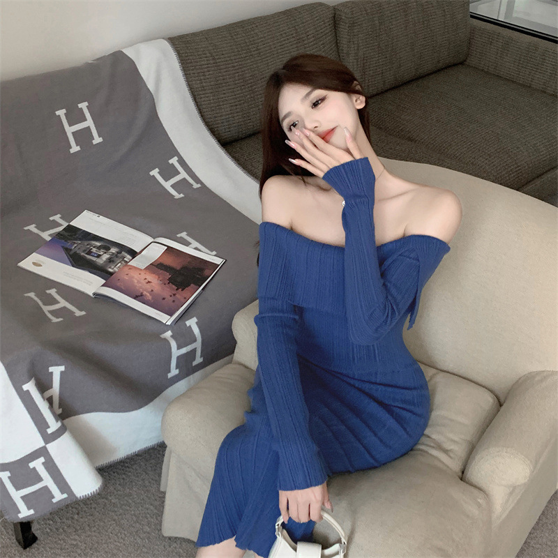 Autumn and Winter Dress Pure Desire Style One-Shoulder Dress Women's High-end Blue Hip Waist Beautiful Mid-length Dress