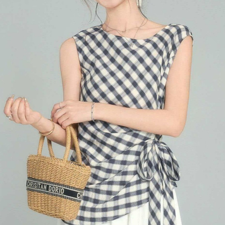 [Island Bubble] Plaid Sleeveless Vest for Women 2026 Summer New Design Lace-Up Waist Top