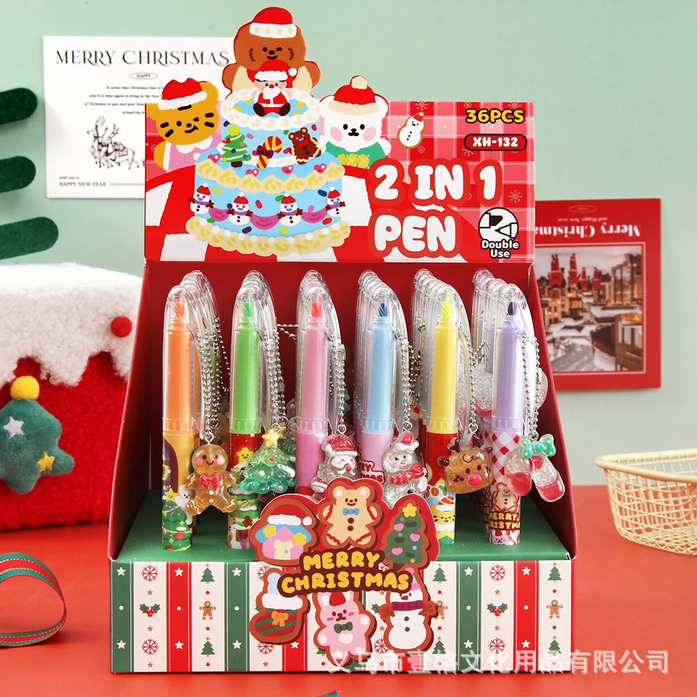 Navidad de doble cabeza bolígrafo neutro resaltador de dibujos animados Santa Claus reno vacaciones pequeños regalos de alto valor colgante bolígrafo de agua