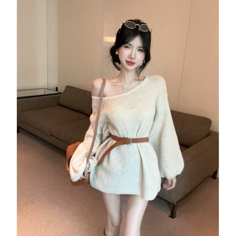 여성 오프숄더 루즈핏 시스루 긴팔 니트 미니 원피스 데이트룩