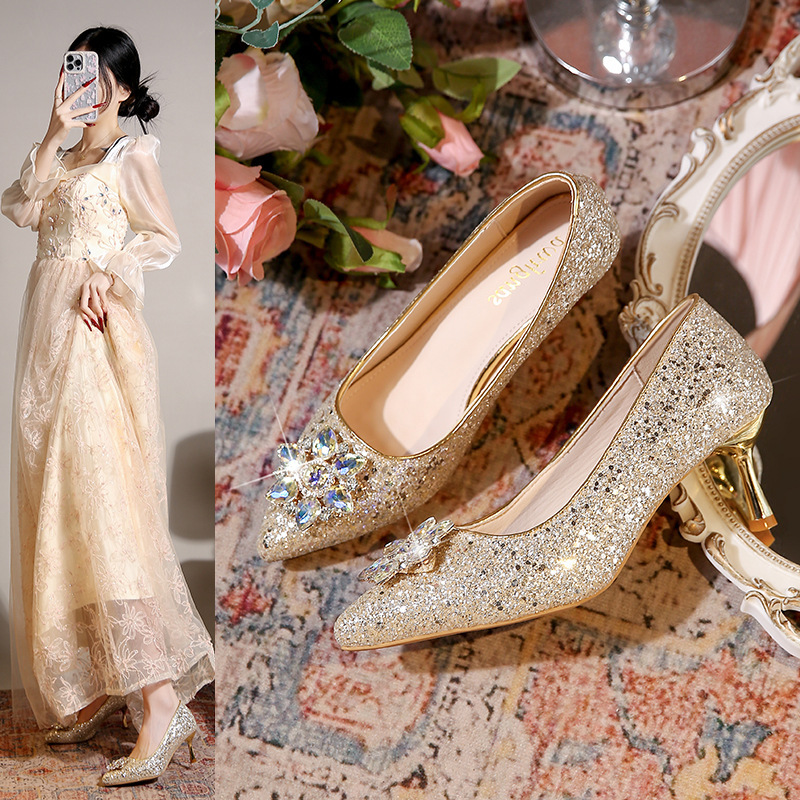Sparkling Champagne Gold High-Heeled Shoes for Women, New Style with Thin Heels, Glittering Rhinestones, Evening Dress Wedding Shoes, Pointed Toe, Light Luxury High Heels