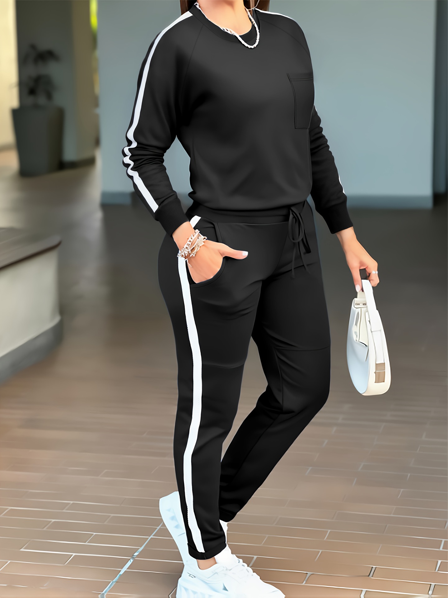 Women's Autumn Winter 2 Piece Set round Neck Long Sleeve T-Shirt High-Waisted Tapered Pants European American Style Casual Outfit_ecoleips.com