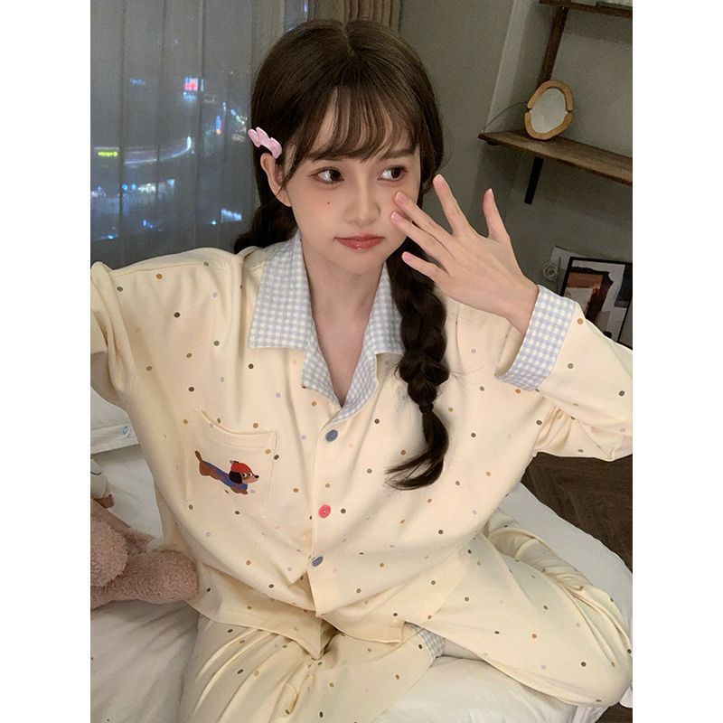 日系卡通睡衣女春秋季新款棉绸波点腊肠狗长袖大码网红家居服套装|undefined