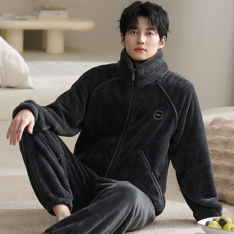 Can Be Worn Outside Pajamas Men's Autumn and Winter Thickeneded Velvet Suit High Weight Coral Velvet Home Clothes Zipper Warm Winter Clothes