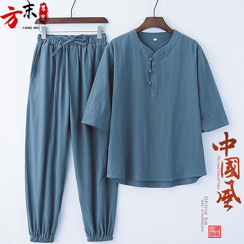 Buddhist-style meditation cotton and linen suit for men, summer Chinese ancient style Hanfu, Zen meditation Tang suit, tea dress