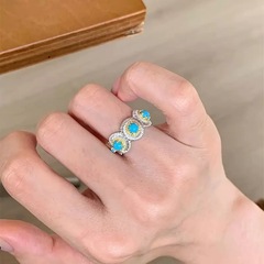 S925纯银中古风vintage绿松石雏菊戒指女精致复古拉丝高级感指环