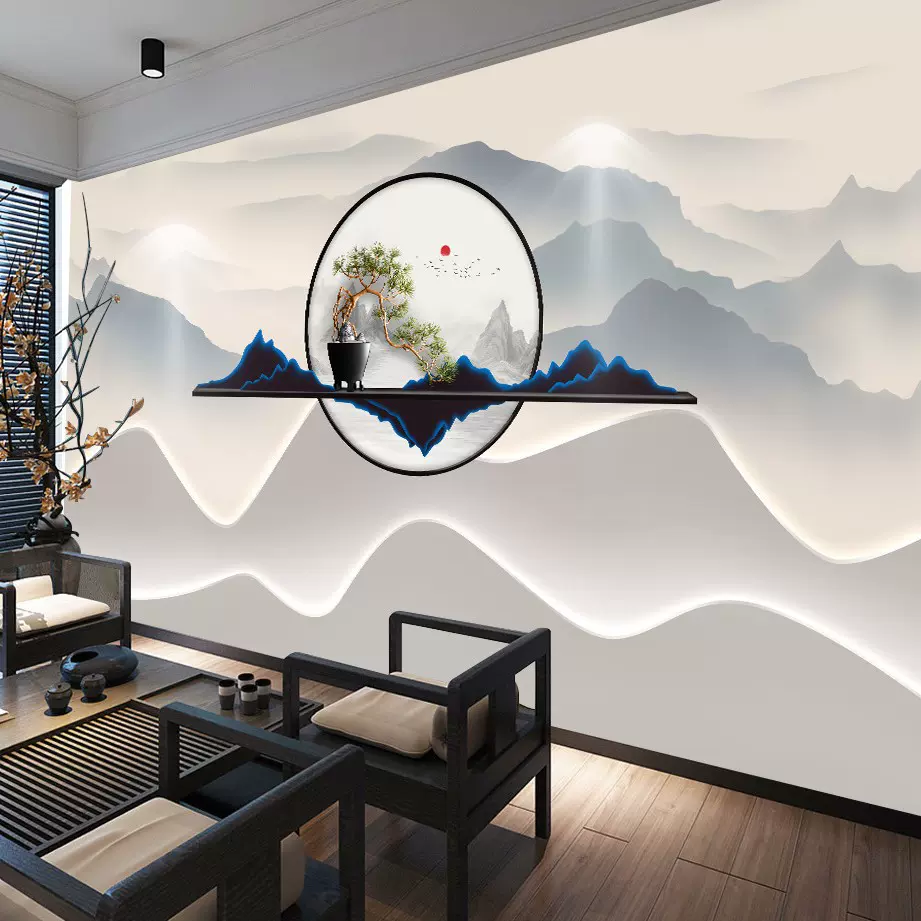 3D新中式立体山水墙纸客厅茶室装饰背景壁纸美容院养生头疗馆墙布