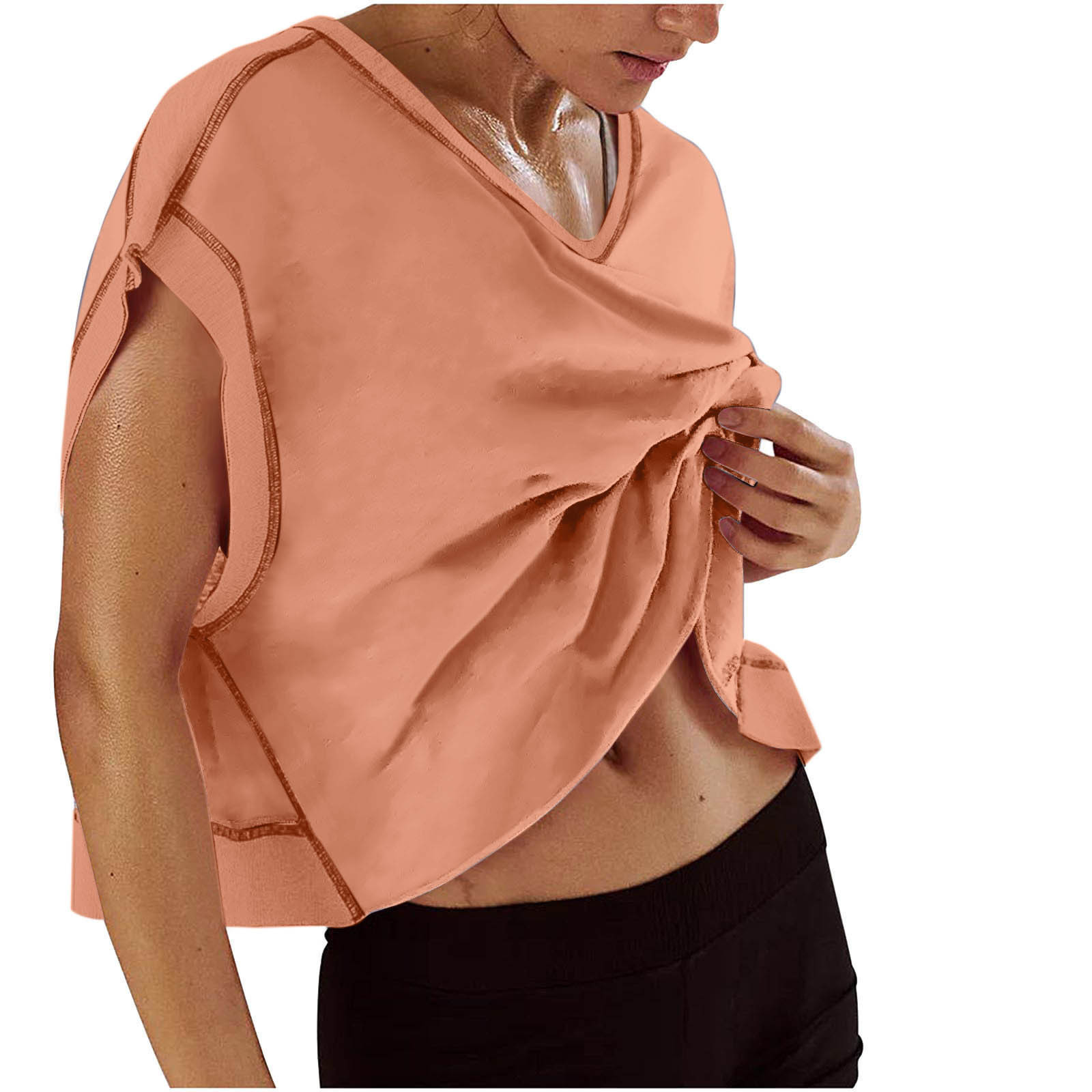 2026 Cross-Border Amazon Women's Casual Loose Solid Color V-Neck Sports Backless Hollow Out Yoga Style T-Shirt