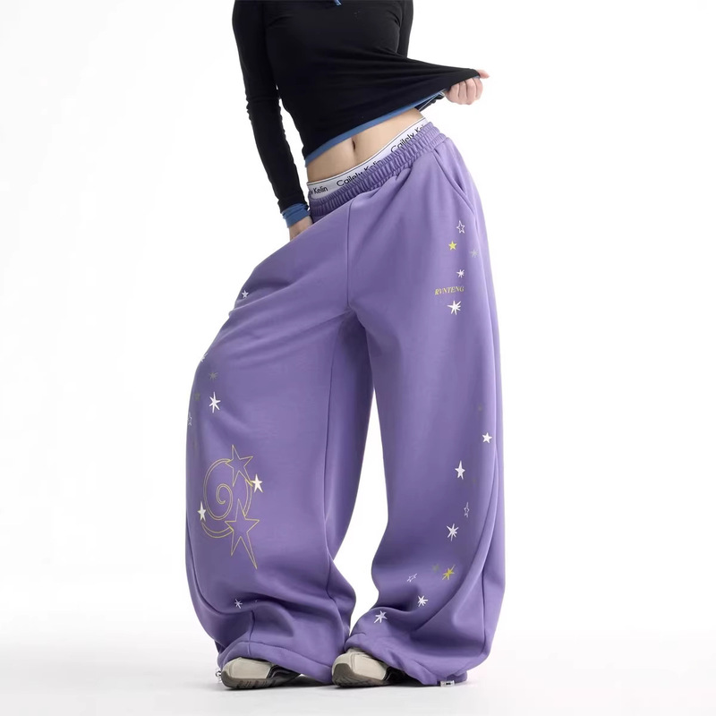 Plus-Size Star-Patterned Elastic Waist Jogger Wide-Leg Sweatpants 2025 Autumn/Winter Casual Purple Pants for Women and Men Plus-Size Star-Patterned Elastic Waist Jogger Wide-Leg Sweatpants 2025 Autumn/Winter Casual Purple Pants for Women and Men