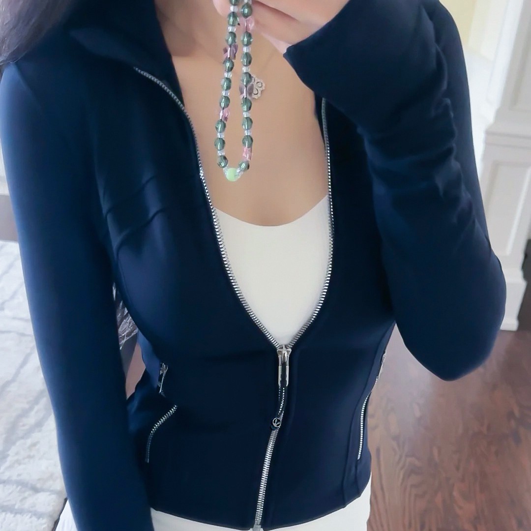 Spring and Summer Yoga Wear Stand Collar Jacket Short Silver Zipper Cardigan Jacket Slim Fit Elastic Slimming Yoga Wear Running