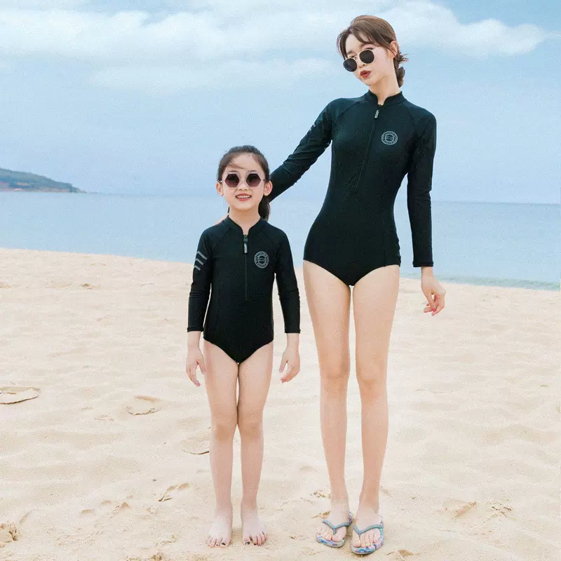 亚马逊跨境欧美亲子儿童泳装长袖防晒连体泳衣母女小童女童中小童