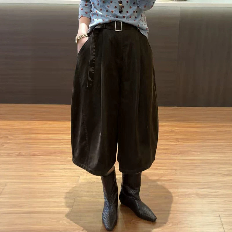 Retro pleated PU leather wide-leg pants for women, 2026 autumn new collection, high-waisted, loose fit, slimming, versatile straight-leg pants