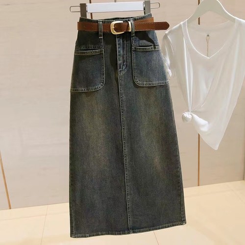 2025 Spring and Autumn Long Semi-Skirt for Women with High Waist Retro Loose Slimming Side Slit Worded Pencil Skirt