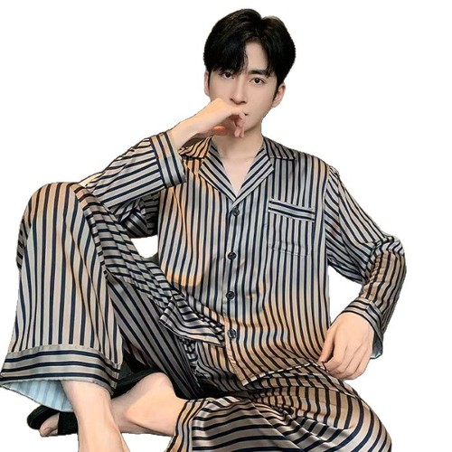 Men's Spring and Autumn Pajama Set, Ice Silk Long Pants, Long-Sleeve Youth High-Grade Simulated Silk Summer Thin Home Wear Set