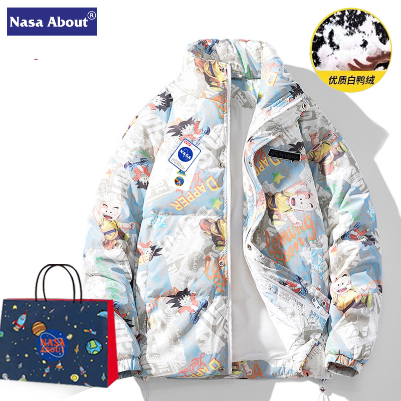 NASA Dragon Ball creativo graffiti stand collar abajo chaqueta hombres pareja invierno cálido engrosada 90 pato blanco abajo marea