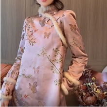 新中式年轻款国风旗袍改良粉色连衣裙古着vintage加绒裙子女秋冬