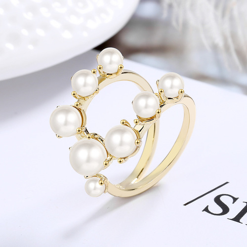Open ring for women, sweet, fresh, synthetic pearl double-layer hand jewelry, custom-made, looking for factory live copper ring, live mouth
