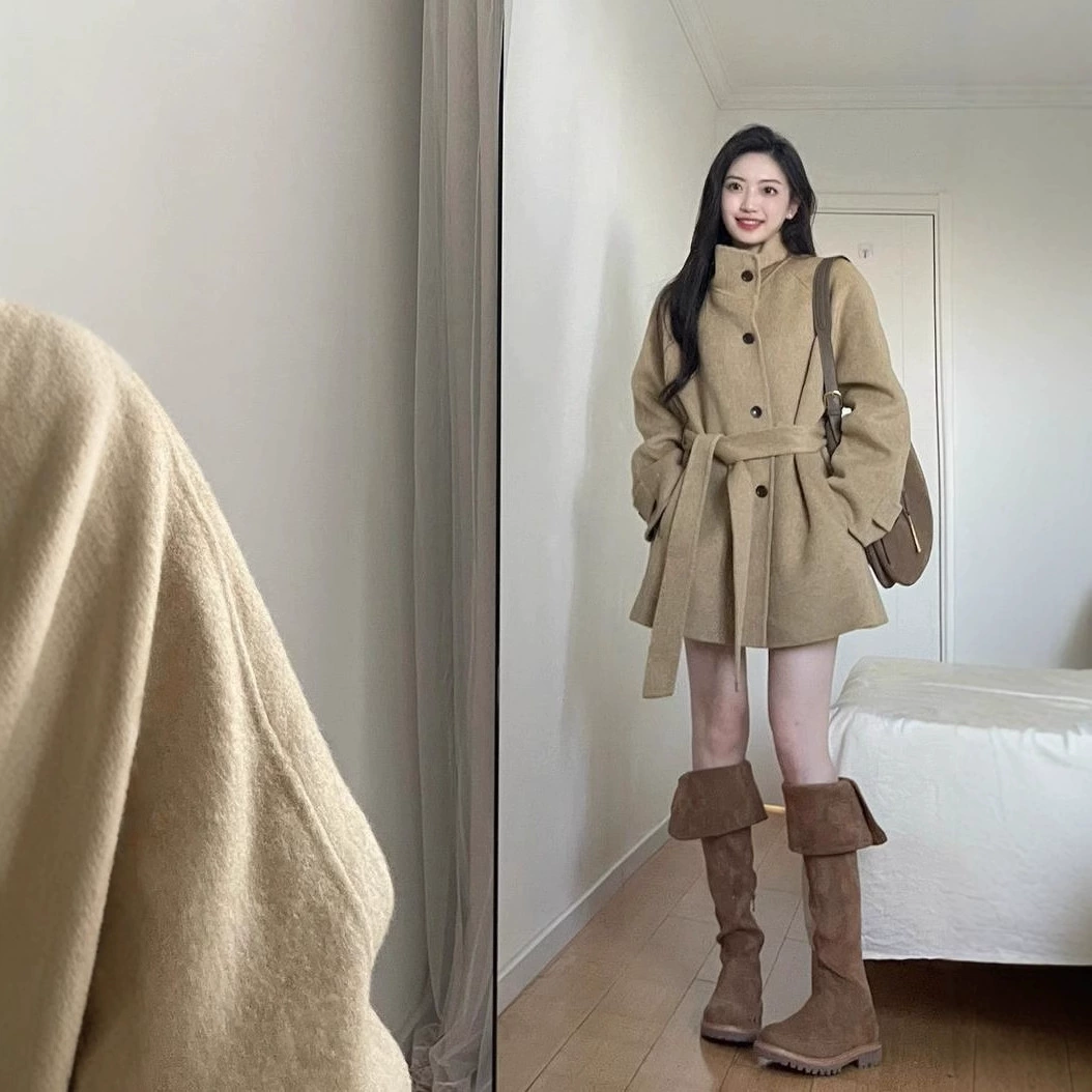 Продвинутые чувства Helkind цвета хаки шерстяное пальто женский новый маленький пиджак средней длинности