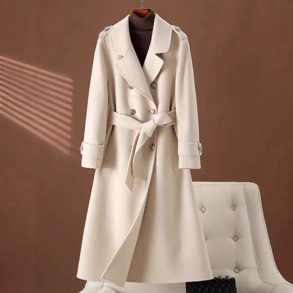 Белоснежная двусторонняя кашемировая верхняя одежда для женщин средней длины, новинка осени и зимы 202, стильная шерстяная верхняя одежда в стиле Хепберн